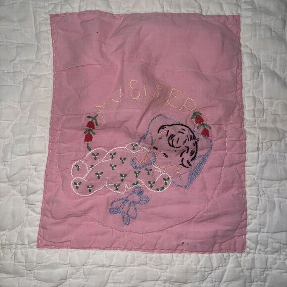 Vintage Baby Quilt Embroidered Goodnight Prayer Lay Me Down to Sleep 40” x 51” - Picture 10 of 16